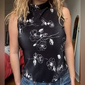 VINTAGE Sleeveless Black/Whote Floral High Neck Top | JKLA Cal | Size Small
